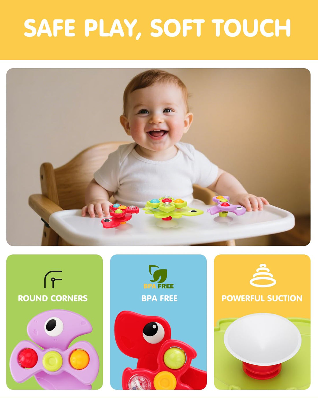 Dimoarch 3PCS Dinosaur Suction Cup Toys for 1-3 Year Old Boys Girls