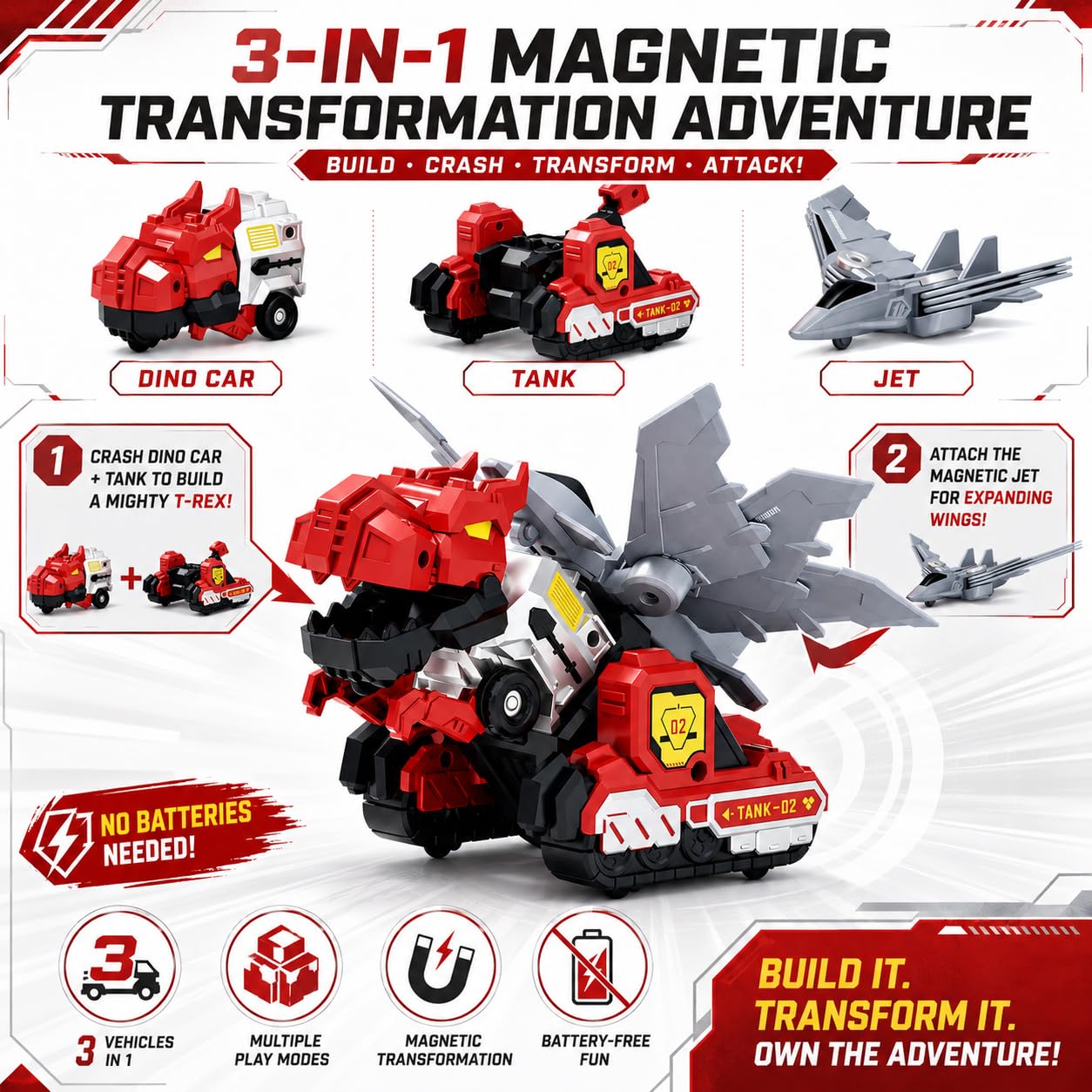 Dimoarch 3-in-1 Collision Transforming Dinosaur Car Toy