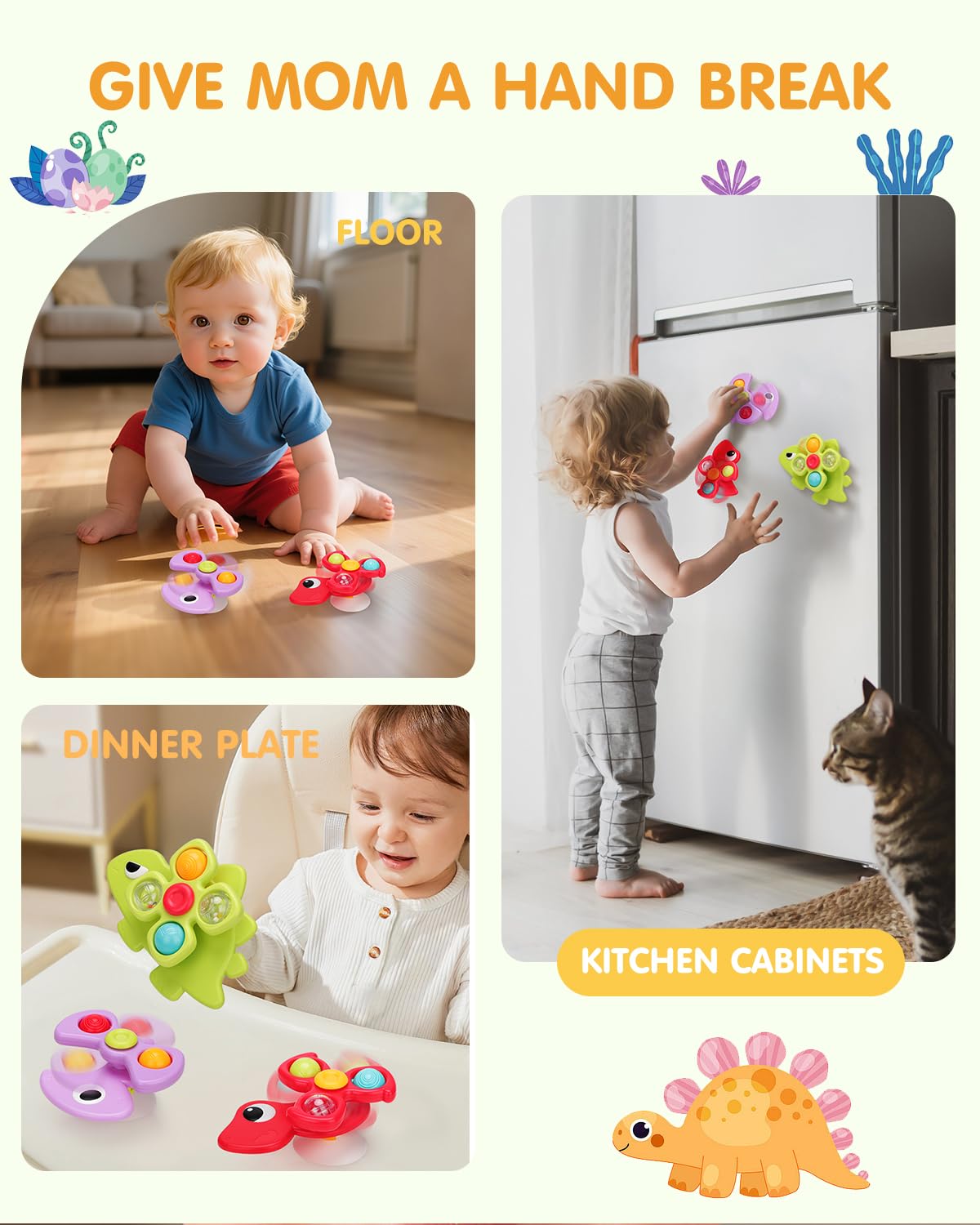 Dimoarch 3PCS Dinosaur Suction Cup Toys for 1-3 Year Old Boys Girls